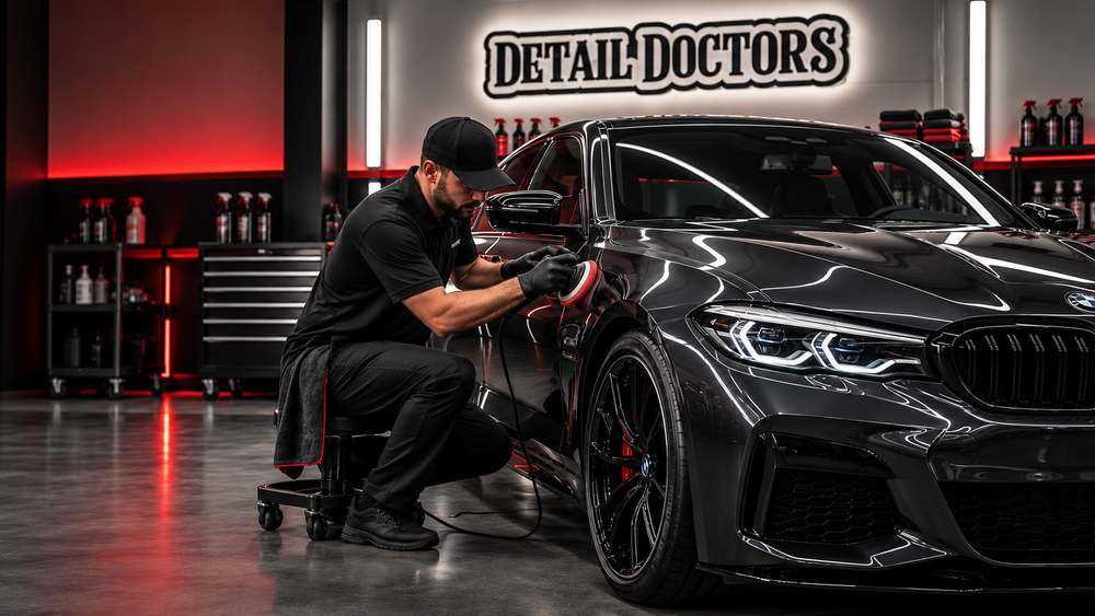 Detail Doctors technician polishing a black vehicle